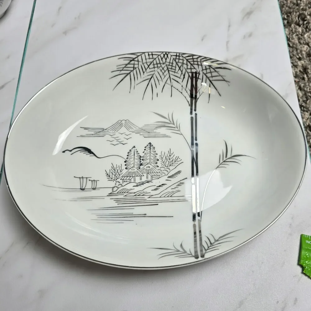 Vintage Meiyo China Nippon 1940s Silver Lithopane serving platter 10 inch